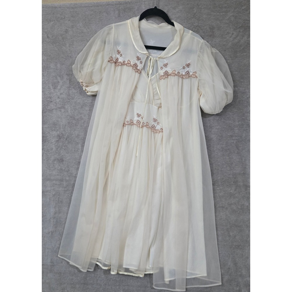 Vtg Gotham Gold Stripe Nightgown Peignoir Set Size‎ 32 Embroidered Bridal 50s